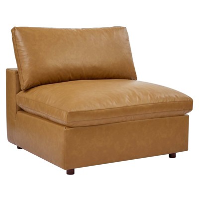 Tan Faux Leather Five-Piece Sectional with Ottoman and Wood Frame
