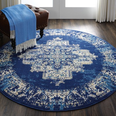 Navy Blue Round Medallion Tufted Synthetic Rug 4 ft