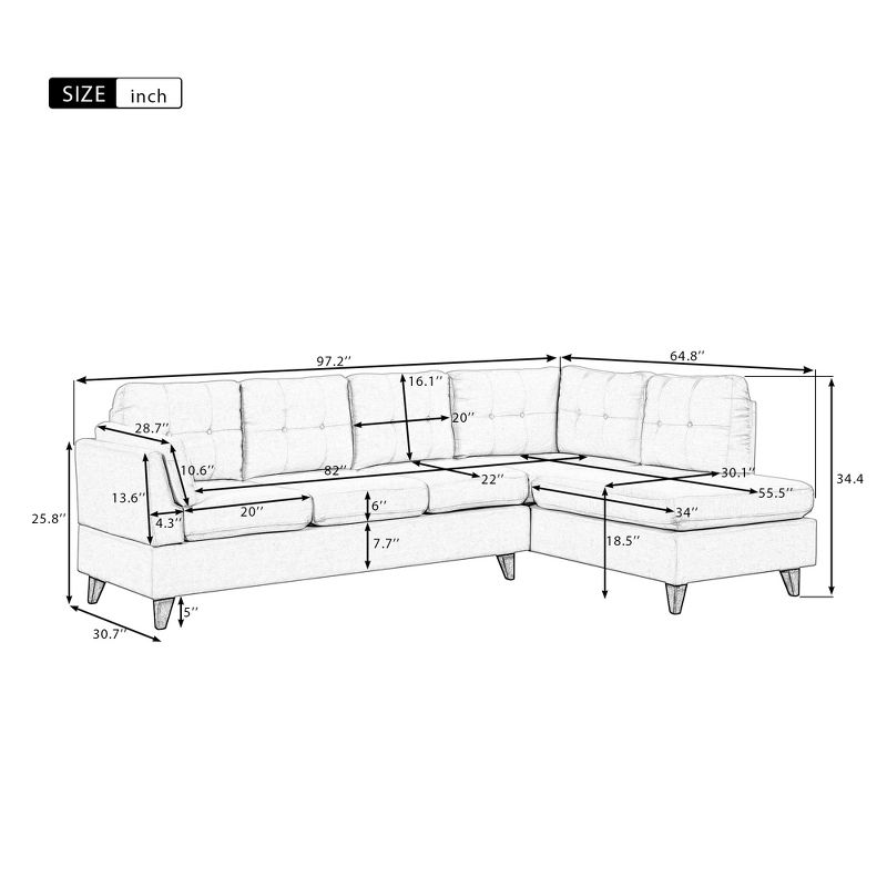 97.2" Upholstered Sectional Sofa Couch with Chaise Lounge and one Lumbar Pad-ModernLuxe, 3 of 16