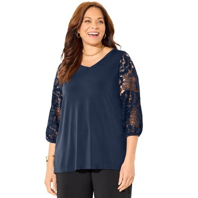 Catherines Women's Plus Size Eyelet Sleeve V-Neck Top