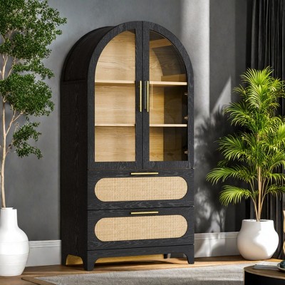 INFURNIC Decorative Storage Cabinets Storage Display Cabinet With Rattan Drawer And Storage Shelf, Arched Cabinet, Black, 15.4"*30.7"*63"