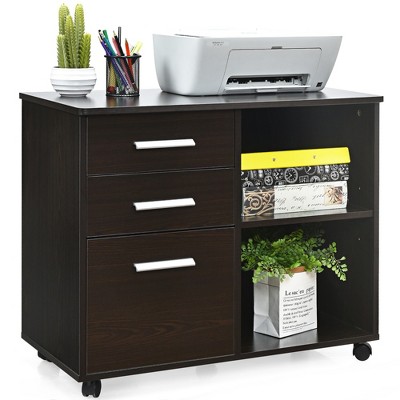 Costway 3-Drawer File Cabinet Mobile Lateral Cabinet Printer Stand Espresso\Black