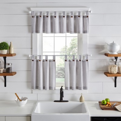 Gray Cotton Button Tab Top Light-Filtering Kitchen Window Tiers