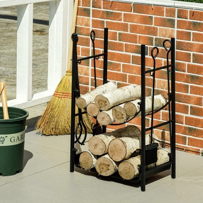 Black Powder-Coated Steel 2-Tier Firewood Storage Rack with Tools