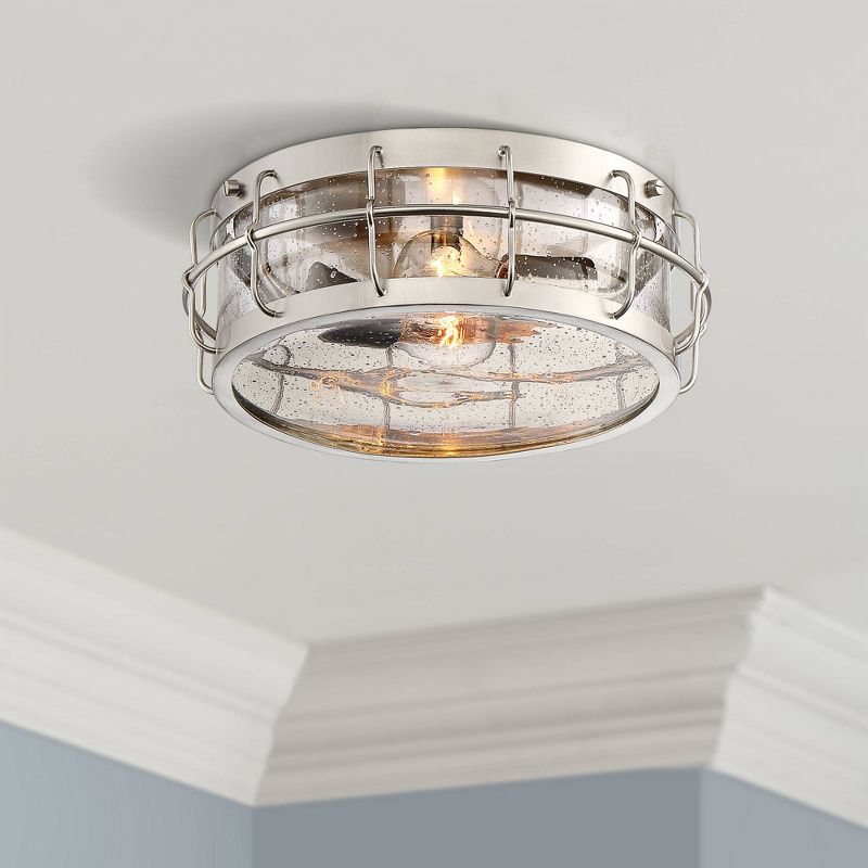 Possini Euro Design Aya Modern Industrial Ceiling Light Flush Mount Fixture 13 1/4" Wide Satin Nickel 2-Light Cage Clear Seeded Glass for Bedroom Home, 2 of 9