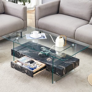 Glass Coffee Table Modern 2-Tier Center Table Cocktail Table Sofa Table Storage Side Table with Drawer, Walnut/White/Black/Natural-ModernLuxe - 1 of 4