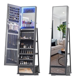 Fredees 360° Swivel LED Jewelry Cabinet, Lockable Wavy Mirror Organizer with Rear Shelves and Makeup Tray,White - 1 of 4