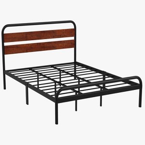 Dark Brown Bed Frame, King Size Platform Bed Frame with Wood Headboard, Heavy Duty Metal Slat Support, Easy Installation, Noise Free Design Mattress - 1 of 4