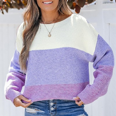 Women's Purple Cozy Colorblock Knit Sweater Lavender Ombre Pullover - Cupshe-L-Purple