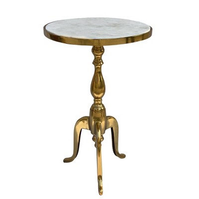 Round Marble Top Accent End Table with Flared Pedestal Metal Base White/Gold - The Urban Port