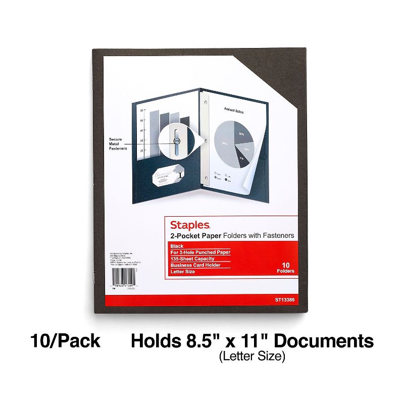 Staples 2-Pocket Folders with Fasteners Black 10/Pack (13386-US), 1 of 4