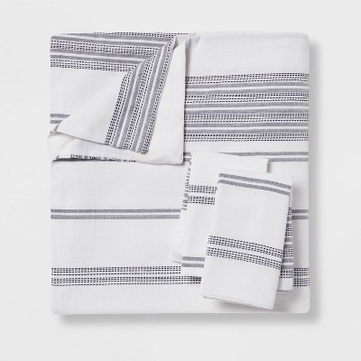 King White and Navy Cotton Woven Stripe Duvet Cover Set