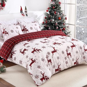 Christmas Duvet Cover Set, Boho Reindeer Print, Soft Breathable Microfiber, 3-Piece with 2 Pillow Shams, Button Closure, 8 Corner Ties - 1 of 4