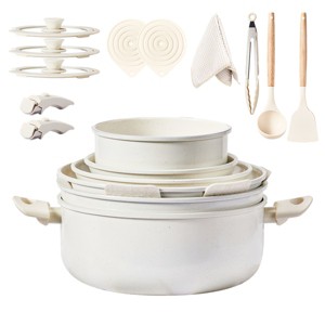 22-Piece Non-Stick Cookware Set, 6 Pots & 3 Lids, Removable Handles, Oven & Dishwasher Safe, Includes 28cm Soup Pot, Cream White - 1 of 4