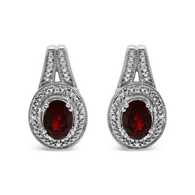 Haus of Brilliance Silver Diamond Accent and 8x6mm Red Oval Garnet Stud Earrings