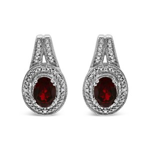 Haus of Brilliance Silver Diamond Accent and 8x6mm Red Oval Garnet Stud Earrings - 1 of 4