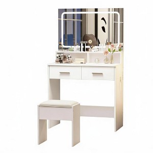 Makeup Vanity Set, Small Dressing Table with 2 Drawers & Stool, 32"x16"x54" Modern Bedroom Furniture - 1 of 4