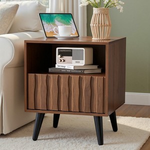 19.7" Mid Century Modern Fluted Nightstand with Drawers & Open Storage, Solid Wood Legs Walnut Bedside Table for Bedroom – Bekrvio - 1 of 4