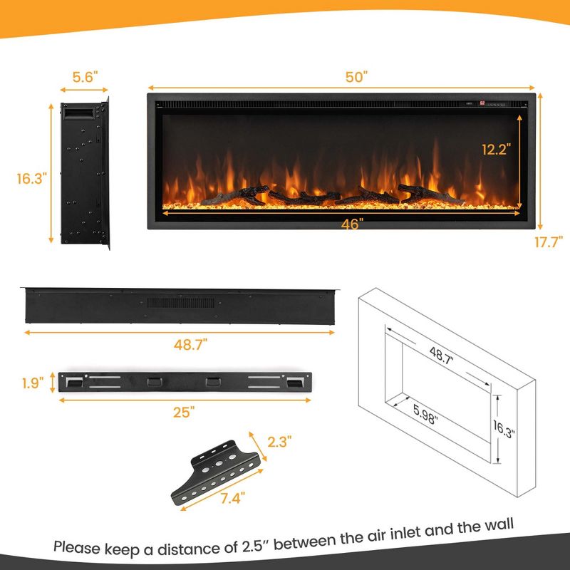 Costway 50'' Electric Fireplace Recessed Wall Mounted Freestanding with Remote Control, 3 of 11