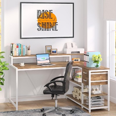 PAGED L-Shaped Computer Desk, Stylish Corner Desk with Monitor Riser, Drawers, and Storage Shelves for Living Room