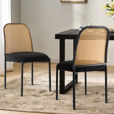 Milan Cane Dining Chair Set Of 2, Upholstered Boucle Dining Room Chair with Rattan Back - The Pop Home