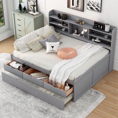NicBex Twin Size Platform Bed 77.5" L Modern Wooden Bed Frame with Trundle, 3 Drawers and Bookshelves for Bedroom, No Box Spring Required