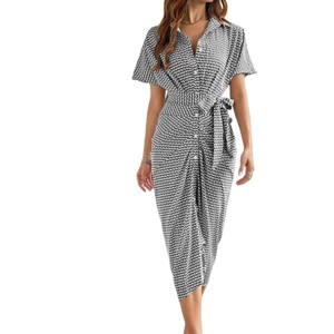 Women Button Down Dresses V-neck Short Sleeve Midi Shirt Dress with Belt - 1 of 4