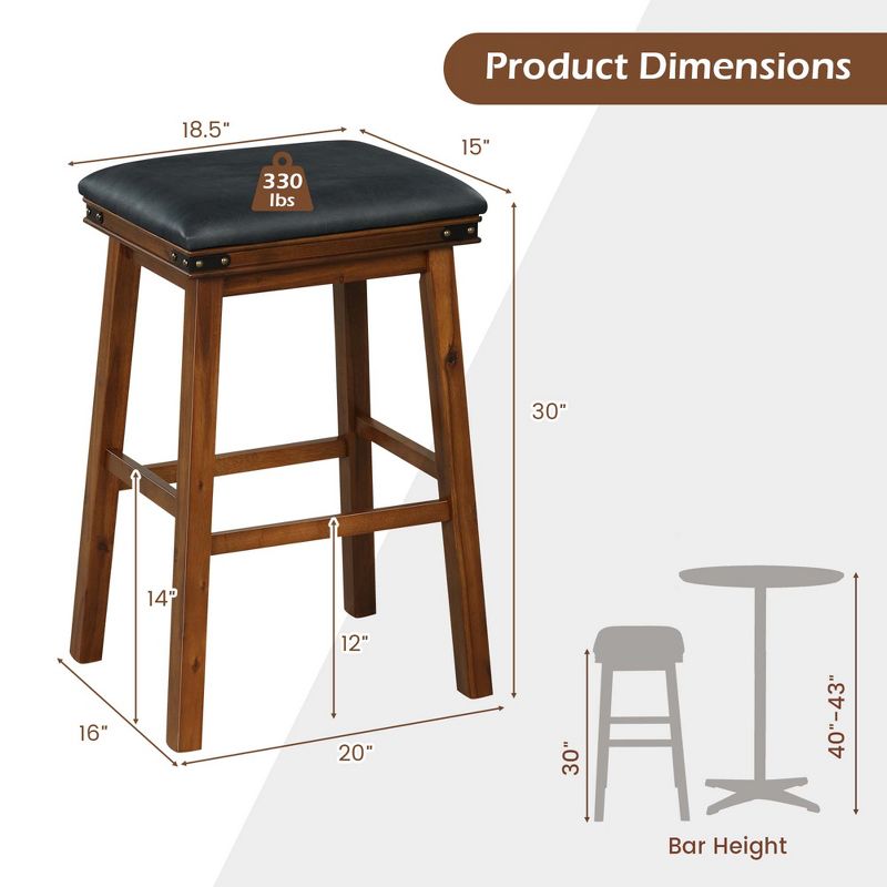 Costway 30'' Dining Bar Stool Set of 2 Pub Height Padded Seat Wood Frame Kitchen Brown/White, 3 of 8