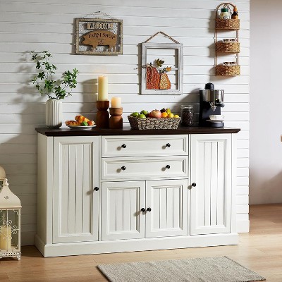 58″ Farmhouse Buffet Cabinet, Wood Rustic Sideboard Cabinet with 2 Drawers & 4 Grooved Barn Doors, Coffee Bar Cabinet with Adjustable Shelves