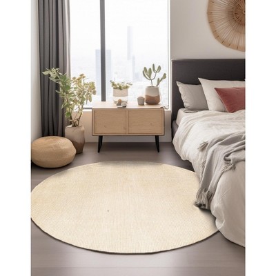 Handmade Round Ivory Wool Geometric Indoor Rug