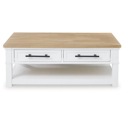 White and Natural Wood Rectangular Coffee Table with Storage