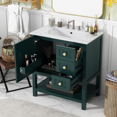30 Inch Green Solid Wood and MDF Bathroom Vanity with Ceramic Sink