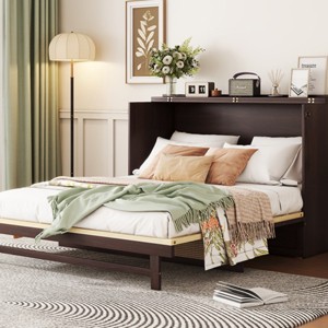 Queen Size Vintage Murphy Bed with Storage Drawer, Solid Pine Wood Cabinet Bed with Rattan Decoration for Guest Room-Baofuwish - 1 of 4
