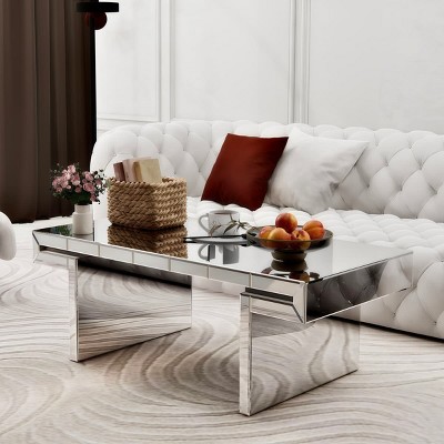 Elegant 47 Inch Rectangular Mirror Coffee Table with Fluted Glass Accents, Modern Living Room Centerpiece with Easy Assembly-Maison Boucle