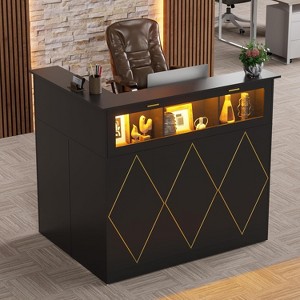 PAKASEPT L-Shaped Reception Desk with Lights and Glass Display Shelf, Front Desk with Drawer and Cabinet, Counter Table, Black - 1 of 4