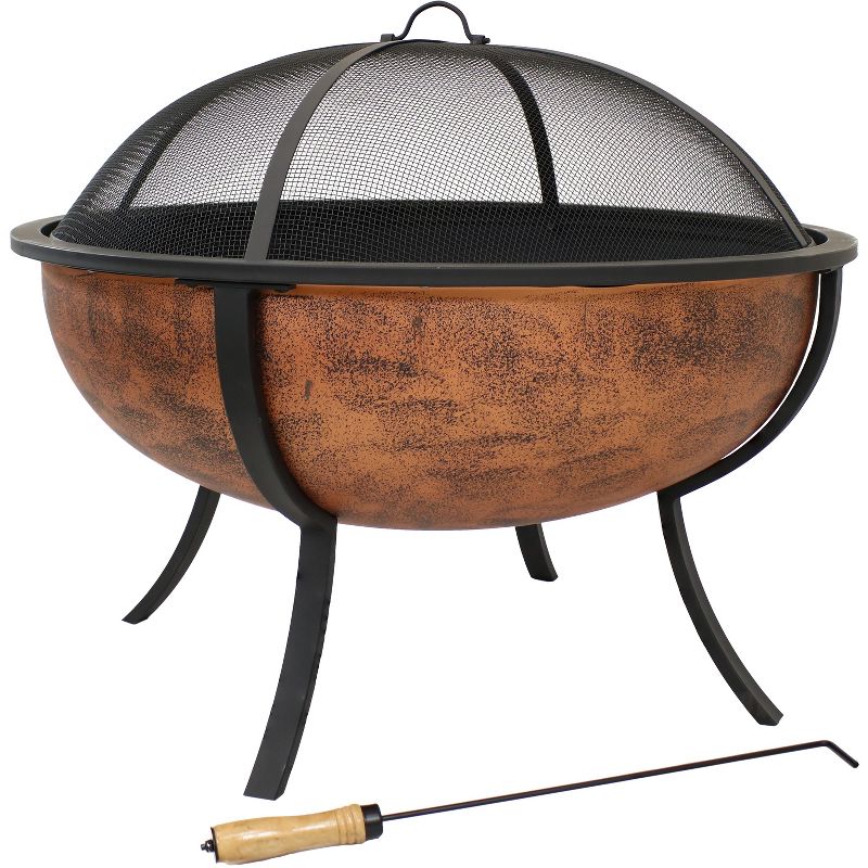 Sunnydaze Outdoor Portable Camping or Backyard Large Round Fire Pit Bowl with Spark Screen, Wood Grate, and Log Poker - 32" - Copper Finish, 5 of 13
