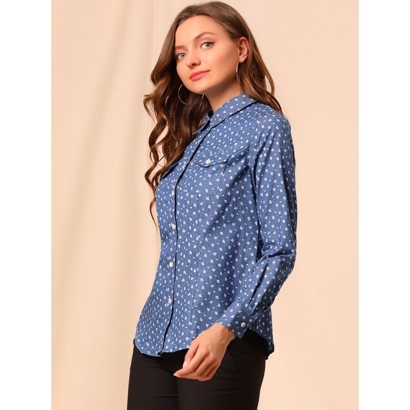 Allegra K Women's Regular Fit Point Collar Chest Pockets Button Down Dots Shirt, 2 of 7