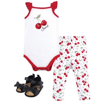 Hudson Baby Infant Girls Cotton Bodysuit, Pant and Shoe 3pc Set, Cherries