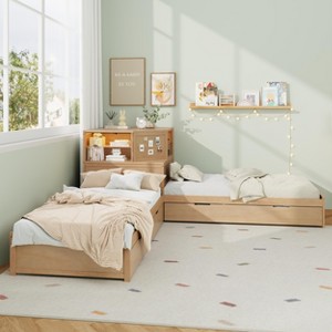 L-Shaped Combination Twin Size Bed Frame with Trundle & Drawer, 3-in-1 Low Corner Platform Bed Linked with Built-in Desk - ModernLuxe - 1 of 4