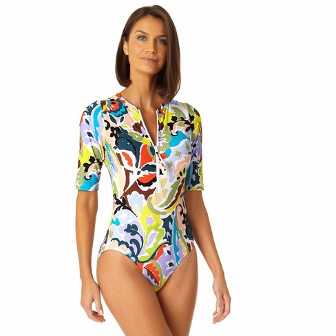 Anne Cole - Women's Kashmir Paisley Half Zip Front Rash Guard One Piece  Swimsuit - 10 Multi