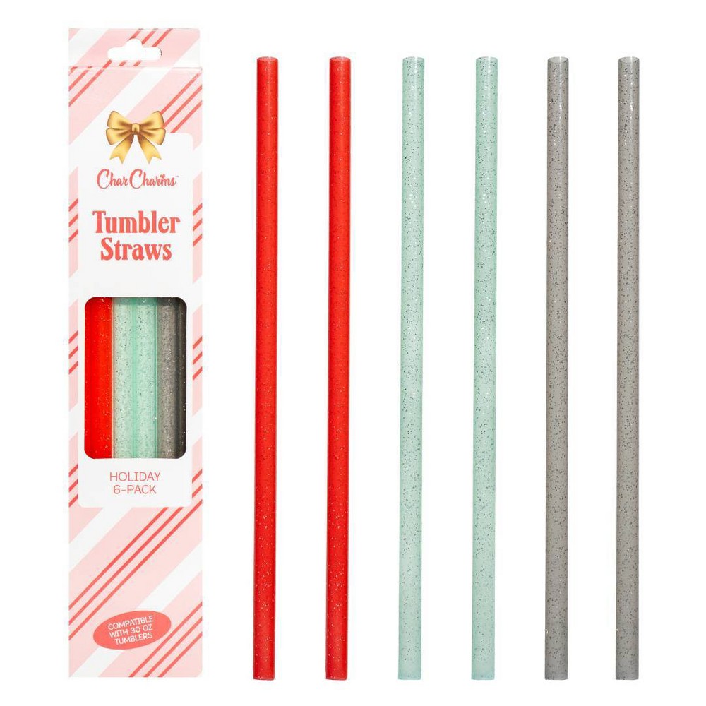 CharCharms 6pk 40oz Holiday Glitter Water Bottle Straws Red/Green/Silver