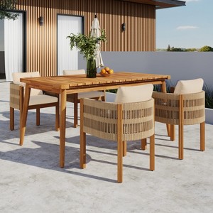 Christopher Knight Home Corin Elara 5 Piece Patio Acacia Wood Woven Rope Dining Set with Slatted Table and Cushions - 1 of 4