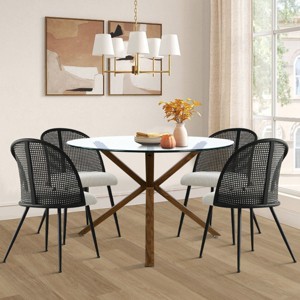 5-Piece Dining Set for 4, Glass Round Dining Table Set with 4 Rattan Backrest Dining Chair, Apartment Dining Room Furniture - Maison Boucle - 1 of 4