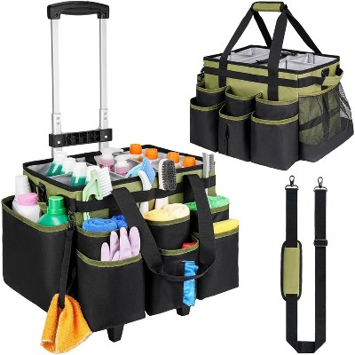 Large Rolling Cleaning Caddy Bag with Detachable Trolley, Cleaning Cart on Wheels with Shoulder Strap for Cleaning Supplies