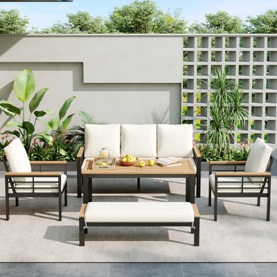 YOOCOZZ 5 Pieces Acacia Wood Patio Furniture Set consisted of 3-Seat Sofa with Cushions-Black+Beige
