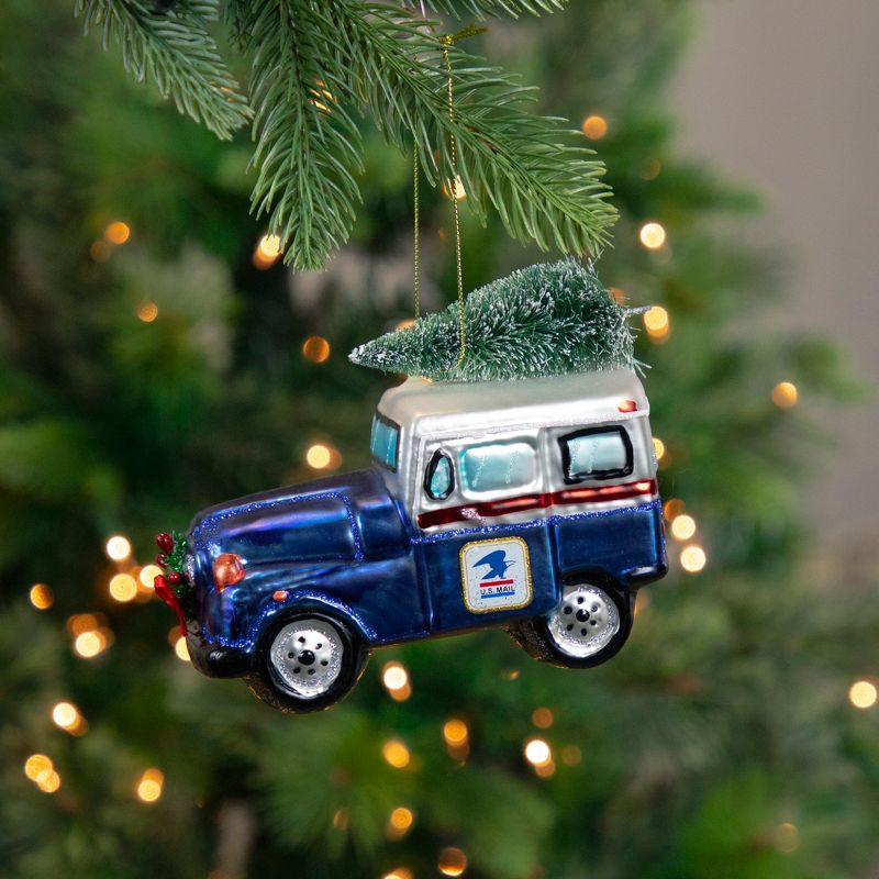Northlight 5" Blue and White "USPS. Mail" Service Truck with Tree Glass Christmas Ornament, 2 of 5