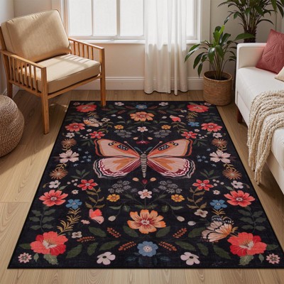 Lahome Modern Butterfly Floral Short Pile Velvet Rectangular Indoor Area Rug