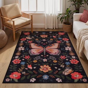 Lahome Modern Butterfly Floral Short Pile Velvet Rectangular Indoor Area Rug - 1 of 4