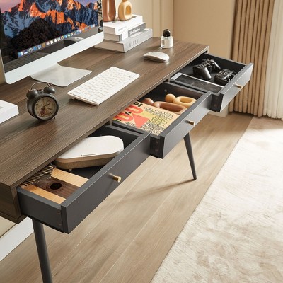 Vynxaria Mid Century Modern Walnut Dark Grey Computer Desk with Drawers Multifunctional Home Office Writing Study for Living Room Bedroom Study