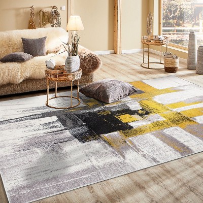 Contemporary Abstract Gold and Gray Synthetic 6'6" x 9' Area Rug